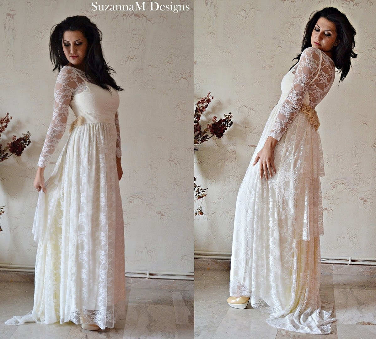 dress with patterns overlay lace Wedding Gown Bohemian by Wedding Boho Dress Bridal SuzannaMDesigns