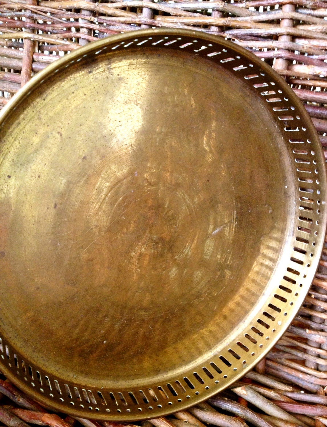 Round Brass Tray Vintage Serving Tray Reticulated Side
