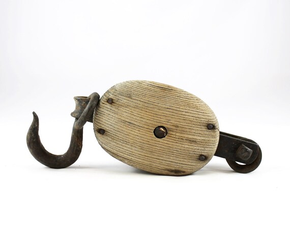 Vintage Small Wood &amp; Iron Block And Tackle Pulley