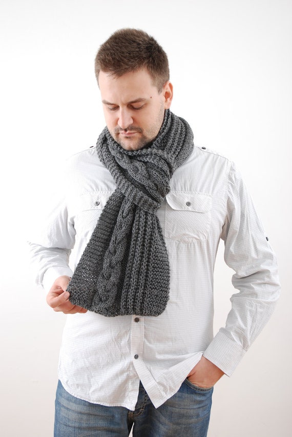 Grey Men Scarf. Hand Knit Extra Long Mens Scarf. Cable Knit