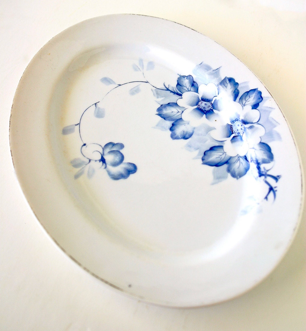 Vintage Japanese Serving Platter KS Japan Blue Flowers