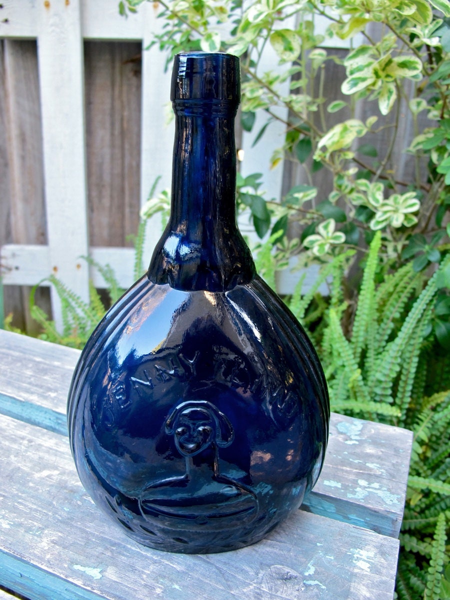 Vintage Blue Glass Bottle Jenny Lind Flask 1930s Cobalt Blue 1179