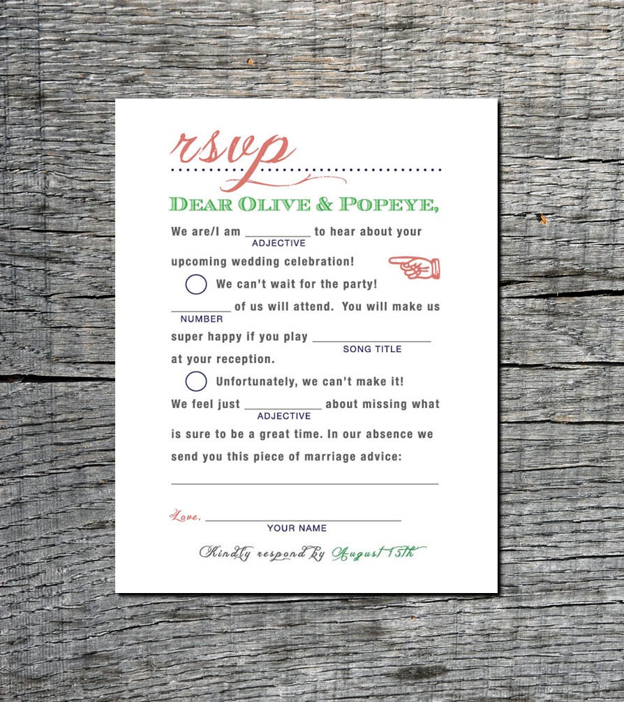 wedding rsvp favorite song Postcard Wedding RSVP Rsvp Card Wedding Mad Libs Madlibs