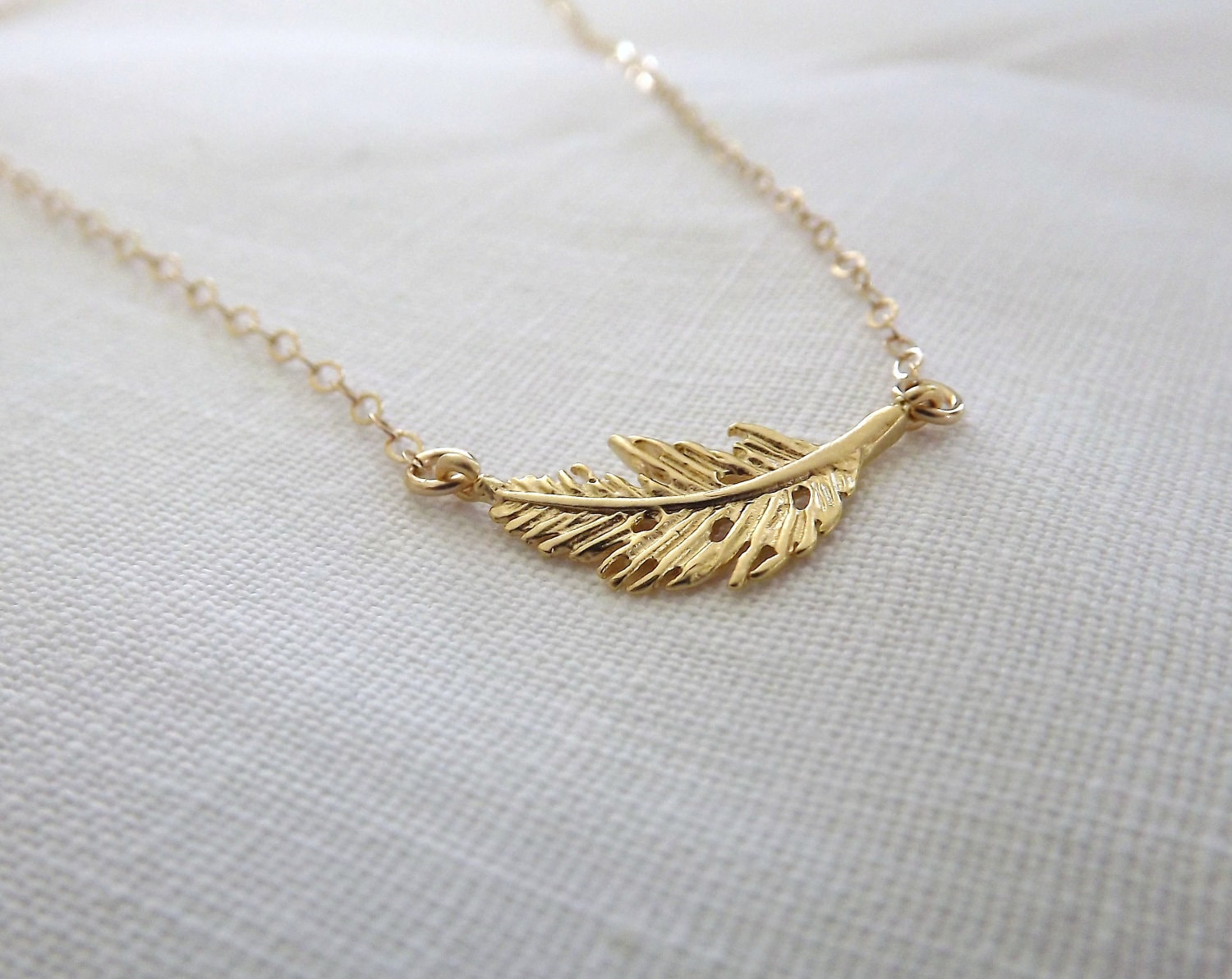 Tiny Gold Feather Necklace Sideways Necklace 14k Gold