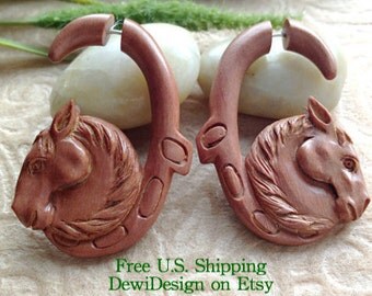 Fake Gauge Earrings, "Horse-Shoe" Hand Carved, Saba Wood, Naturally Organic