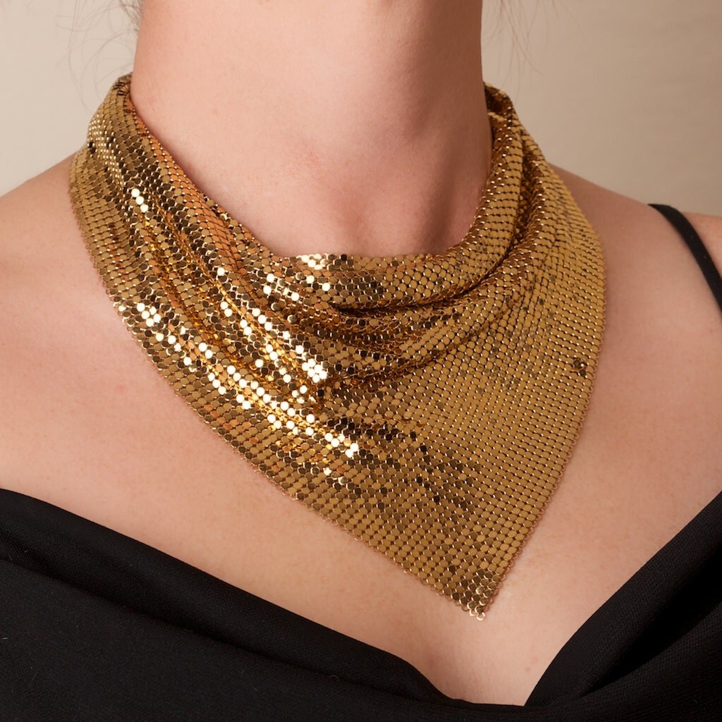Vintage Whiting and Davis Gold Mesh Bib Necklace