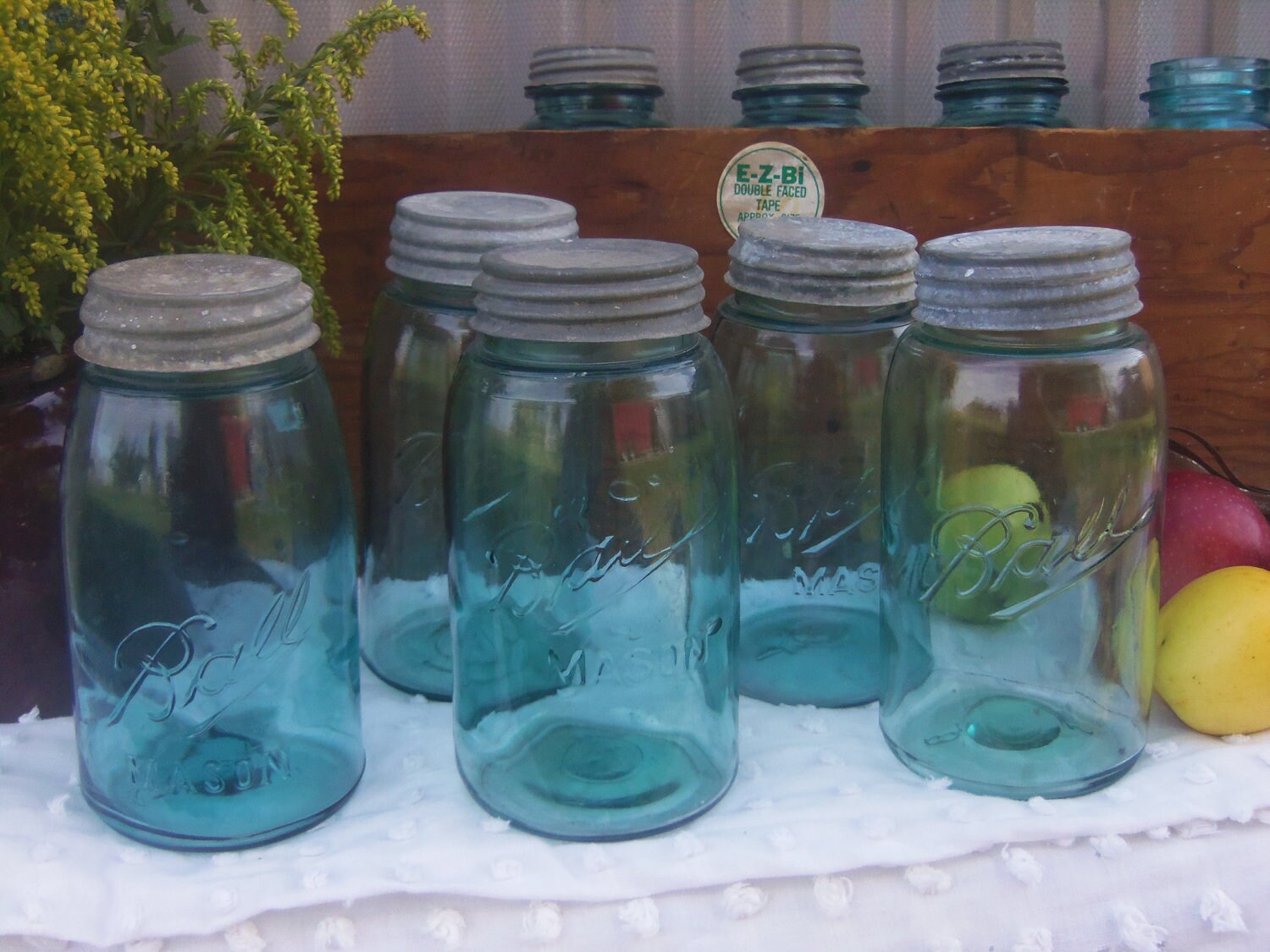 6 Antique Ball and Ball Mason Jars Quart Sized Aqua Colored