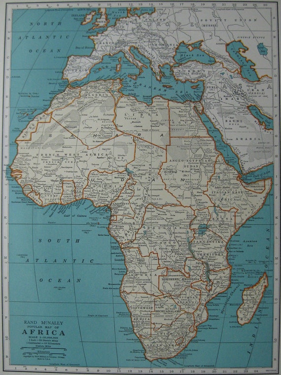 1937 Vintage MAP of AFRICA Antique 1930s Map BEAUTIFUL Color