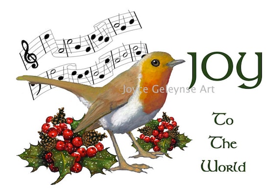 Clip Art Christmas JOY To The World, Carol With English Robin Bird And ...