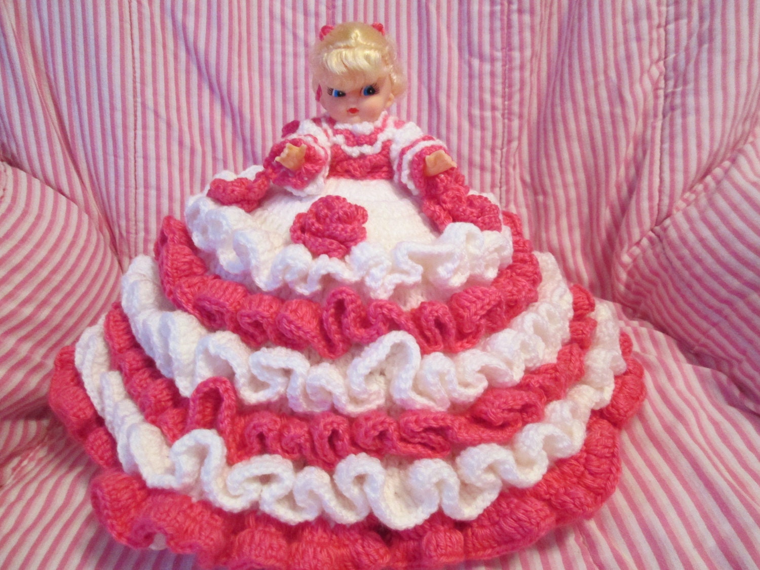 Crochet 10 Inch Bed Pillow Doll In Pink and White