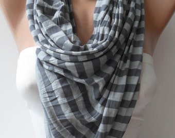 Grey Striped Scarf - Combed Cotton Fabric for Summer...