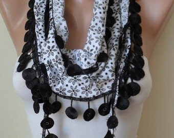 SALE - Perforated Fabric - Black and White Cotton Scarf with Black Trim Edge