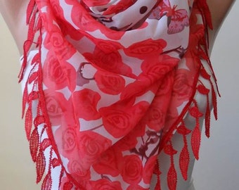 Silk and Chiffon Scarf with Red Trim Edge - Romantic - Roses and Butterflies - Red - Coral -