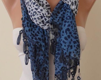 Mother's Day Gift - Dark Blue and White - Silk - Chiffon Scarf with Trim Edge