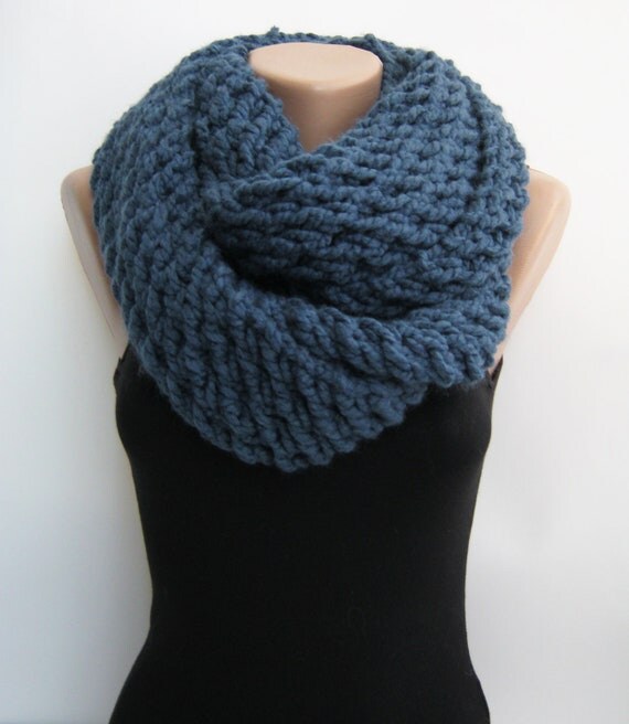 Blue chunky infinity scarf hand knitted loop scarf by sascarves