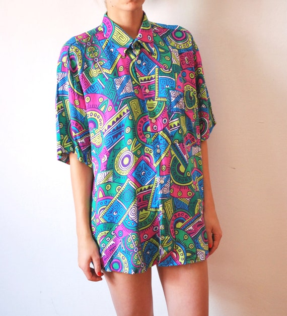 Vintage colorful neon shirt 90s men unisex size medium large