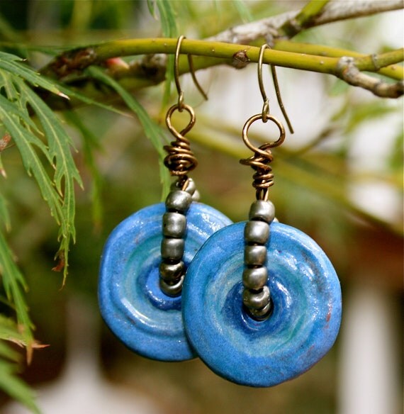 Items similar to Mariners Blue Gray Ceramic Disc Earrings With Pewter