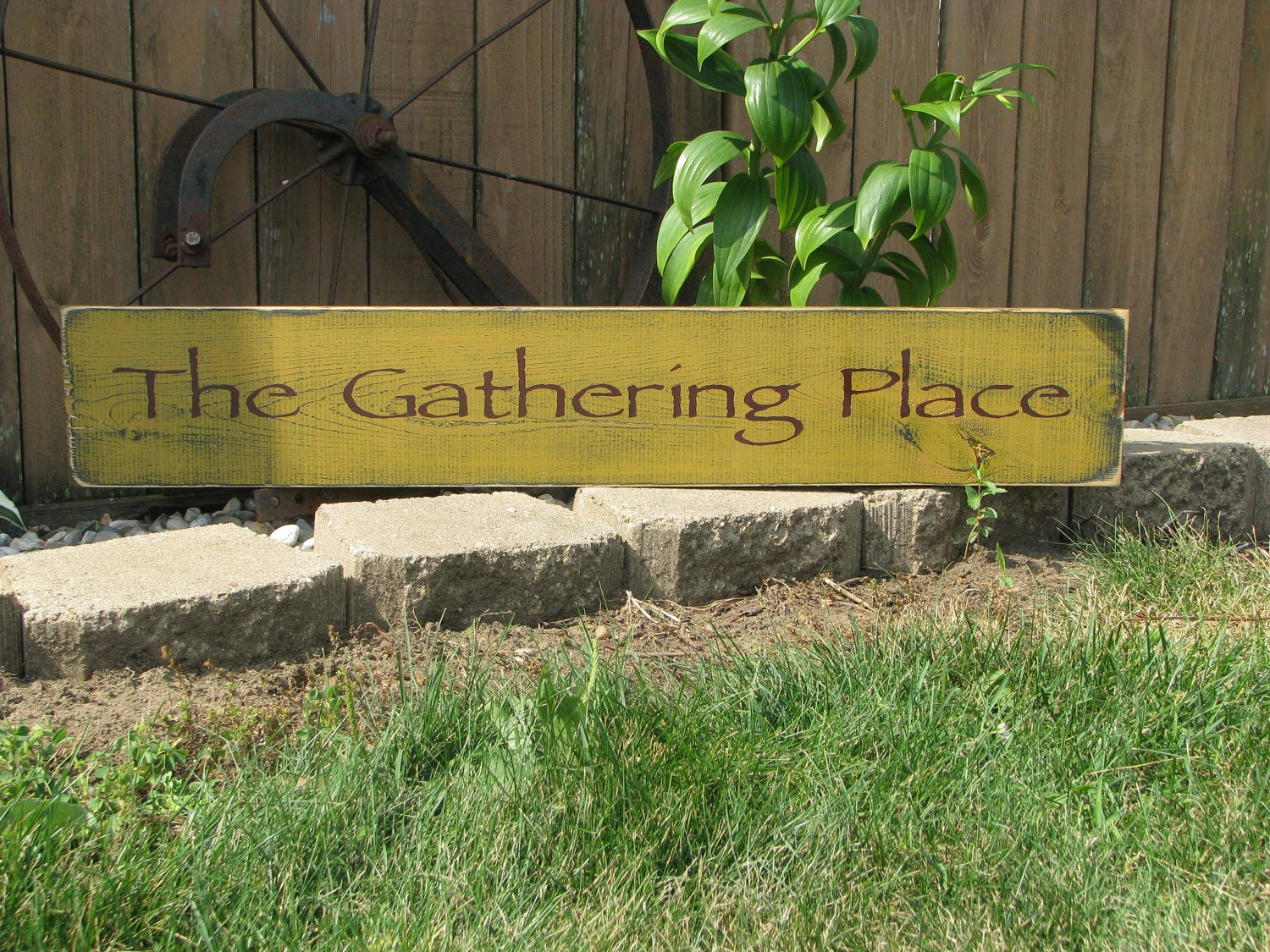 Wood Sign hand painted The Gathering Place 32 x 5 Mustard