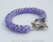 Purple and Silver Beadwoven Bracelet with Pewter Toggle Clasp, Swarovski Crystals, Handcrafted Russian Spiral Stitch