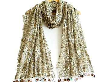 Soft cotton leopard scarf, Leopard shawl, Brown, Rectangle fabric scarf, Tassels scarf, Soft, Elegant, Thin fabric shawl