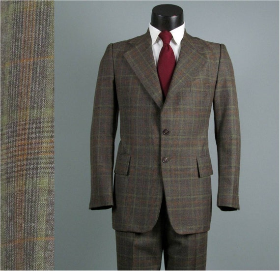 Vintage Mens Suit 1970s Brown Windowpane Plaid Wool Two Piece