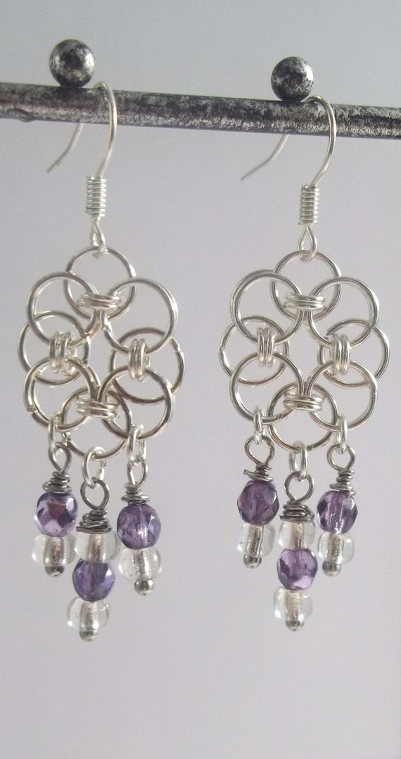 Purple Beaded Celtic Earrings Chain Maille