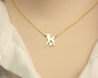 Tiny bambi deer necklace in gold