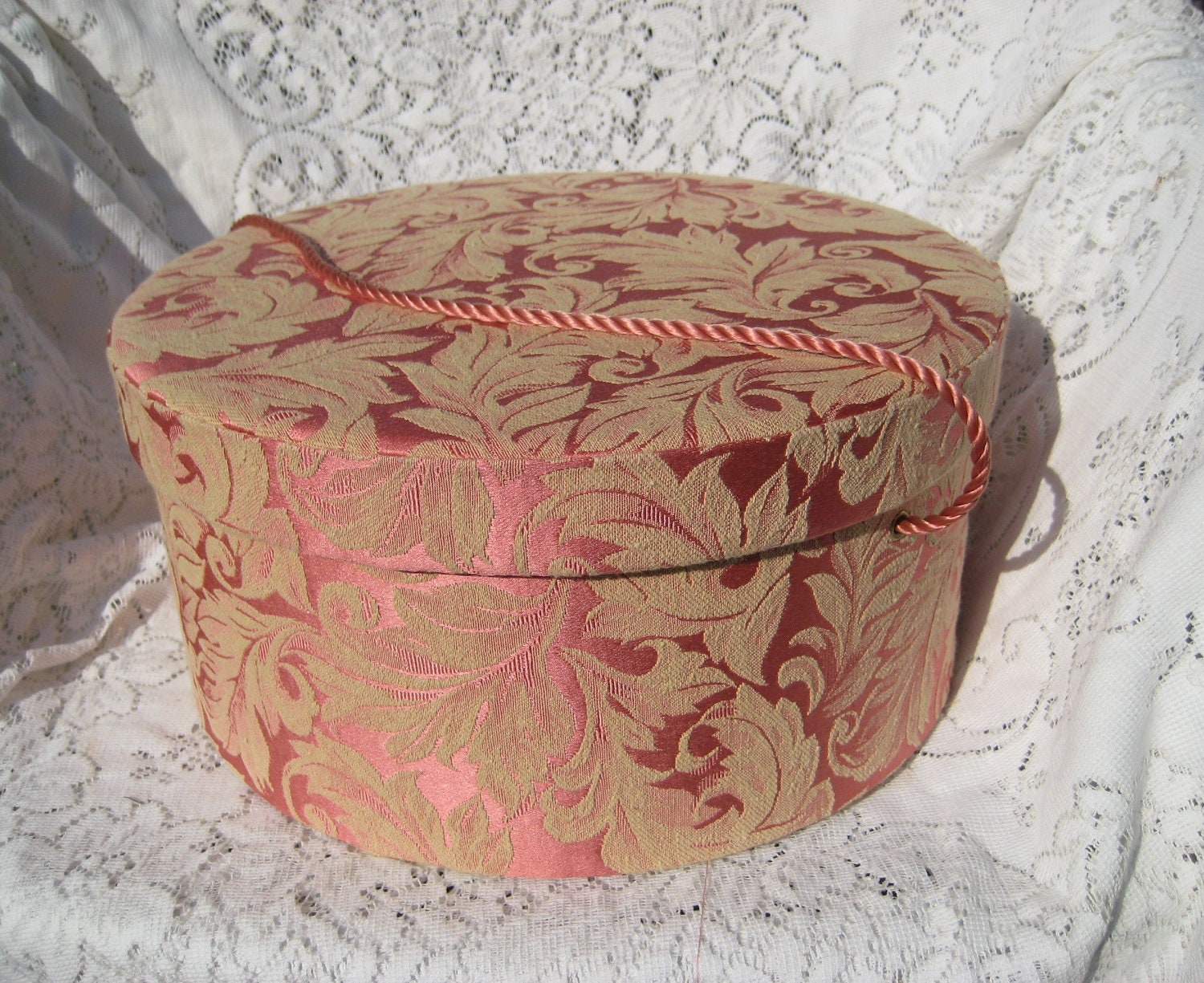 Vintage Hat Box Large Cloth Padded Damask Covered