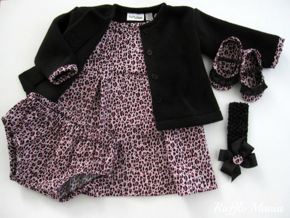 Baby girl dress in pink cheetah print cotton w/ black fleece