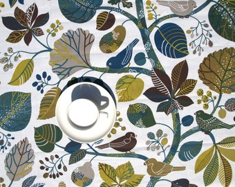 Tablecloth white moss green blue beige grey birds tree forest , moisture resistant , outdoor tablecloth , great GIFT
