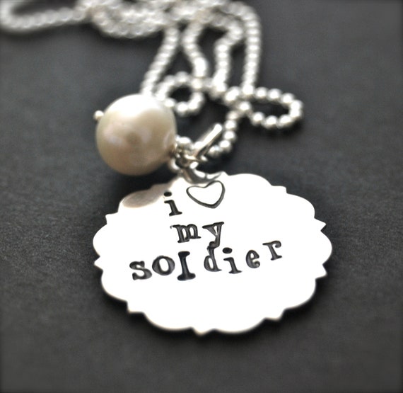Hand Stamped Sterling Silver Necklace "I love my Soldier"