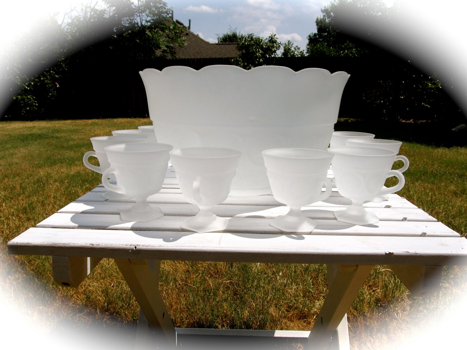 Vintage Frosted Glass Punch Bowl with 12 Cups Dot Design