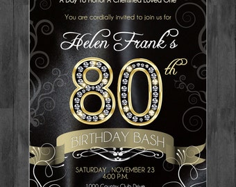 80th Birthday Bash - Custom Designed Invitation - Black Satin and Gold ...