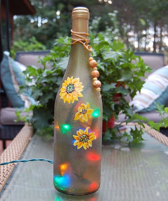 Wine bottle light sunflower home decor upcycled