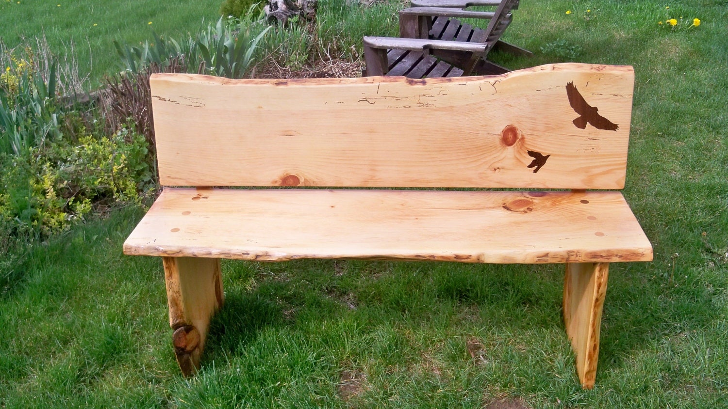 Salvaged live edge wood slab bench with inlays. SALE PENDING
