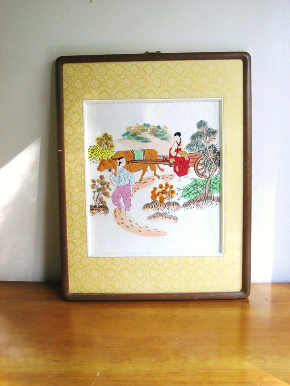 Vintage Asian Silk Thread Painting Wall hanging Watercolor