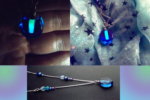 Glow in the dark crystal necklace vial necklace blue boho