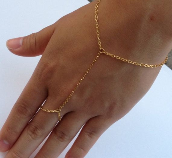 Gold Chain Linked Ring Bracelet Hand Jewelry Hand Flower