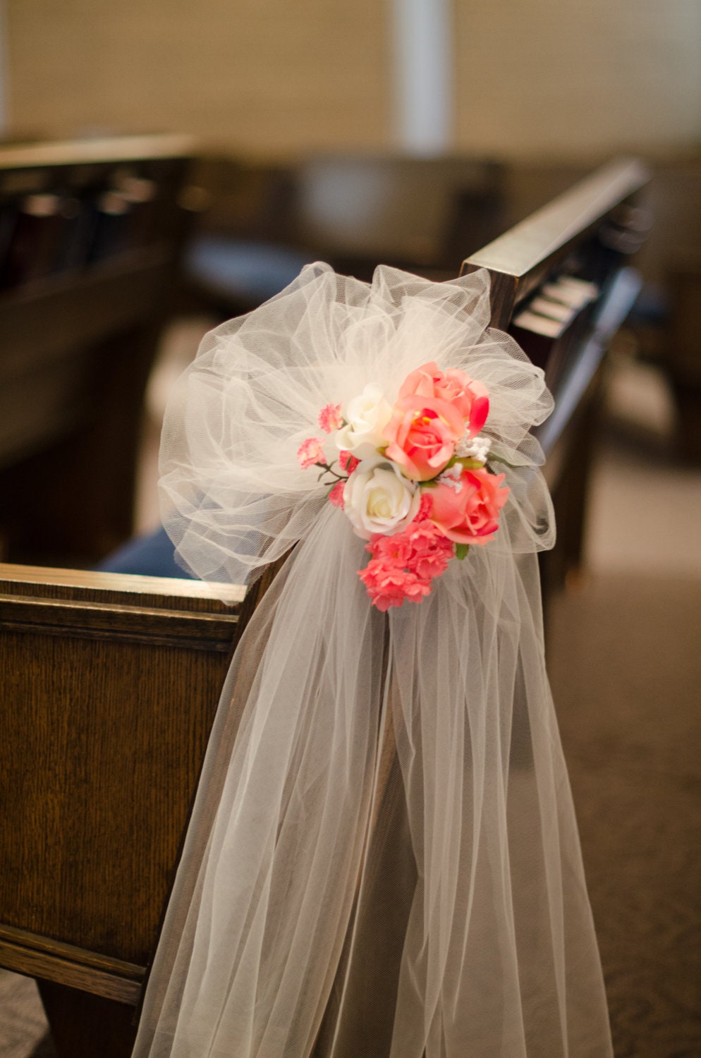 Wedding Aisle Decoration Pew Bow Coral Flowers Pink White Set