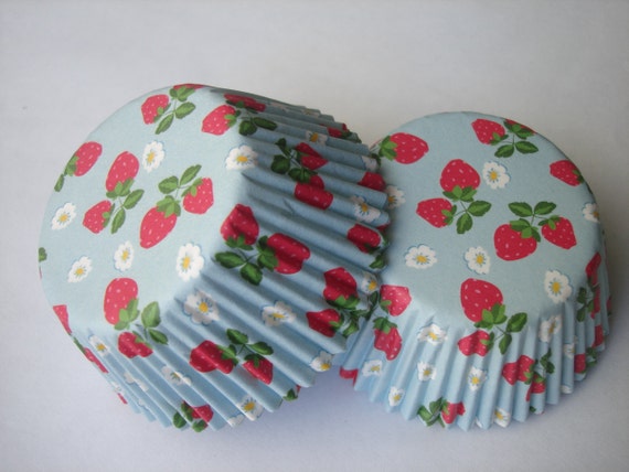 Red Strawberry With Blue White Little Flowers Sweet Dessert Cupcake Baking Cup Liners (50 QTY)