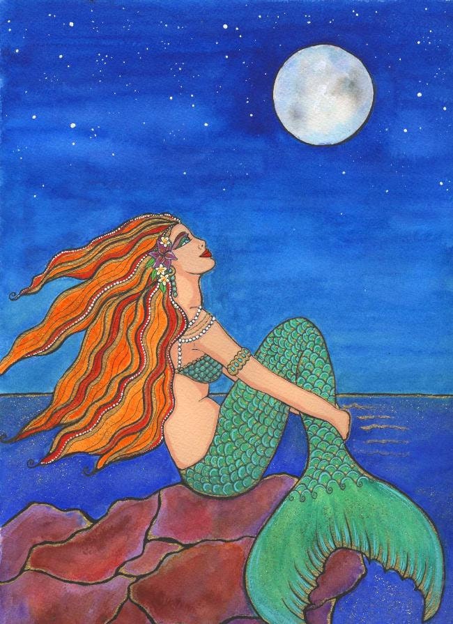 Lovely Red Haired Meditating Mermaid Looking At by karenmccantsart