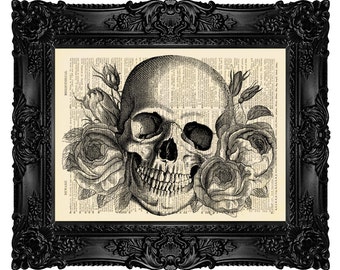 Skull Art Print - Skull and Roses - Skull ARTWORK, Skull GEEKERY Geek Skull Dictionary art print, Skull Dictionary print, Skull wall art 115