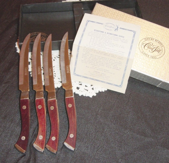 Four Steak Knife Set of 4 Carvel Hall Towle Mfg. Company Wood