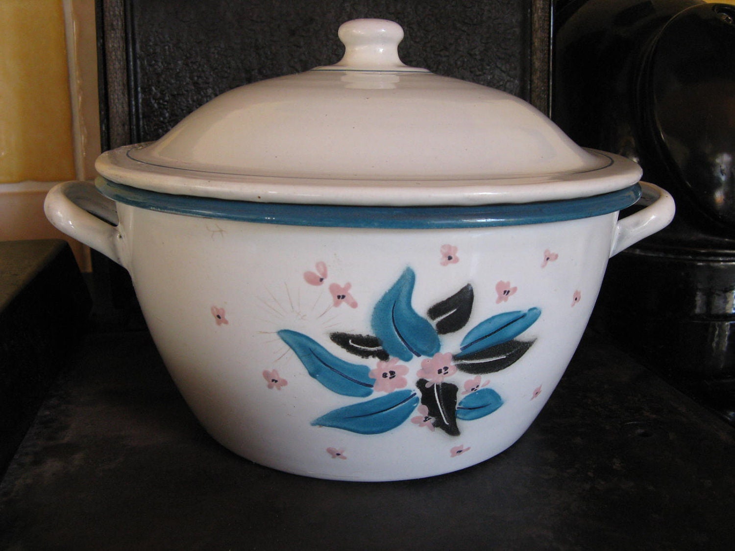 French enamel casserole dish handpainted enamelware 1950s vintage