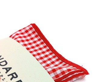 Red Gingham Pocket Square serged with Red Trim.