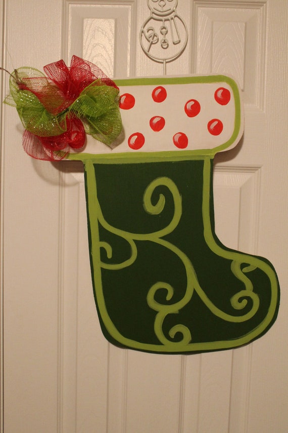 Items similar to Christmas Stocking Door Hanger Wooden Wreath Wood Cut ...