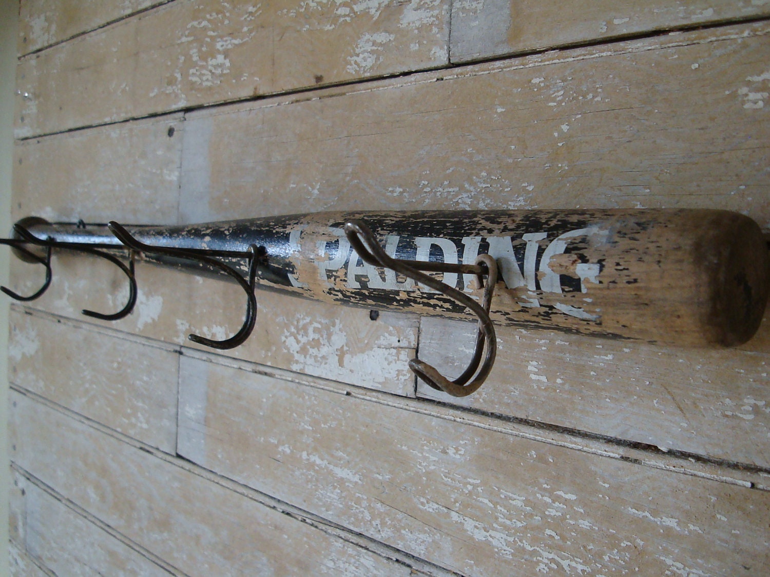 Wooden Vintage Baseball Bat Cap or Coat Rack Antique Hooks