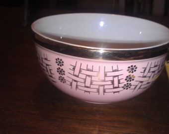 On Sale Pink and Gold Hall China Small Mixing or Serving Bowl with Basket Weave Design