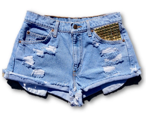 Studded Vintage Distressed High Waisted Cut Off Jean Shorts