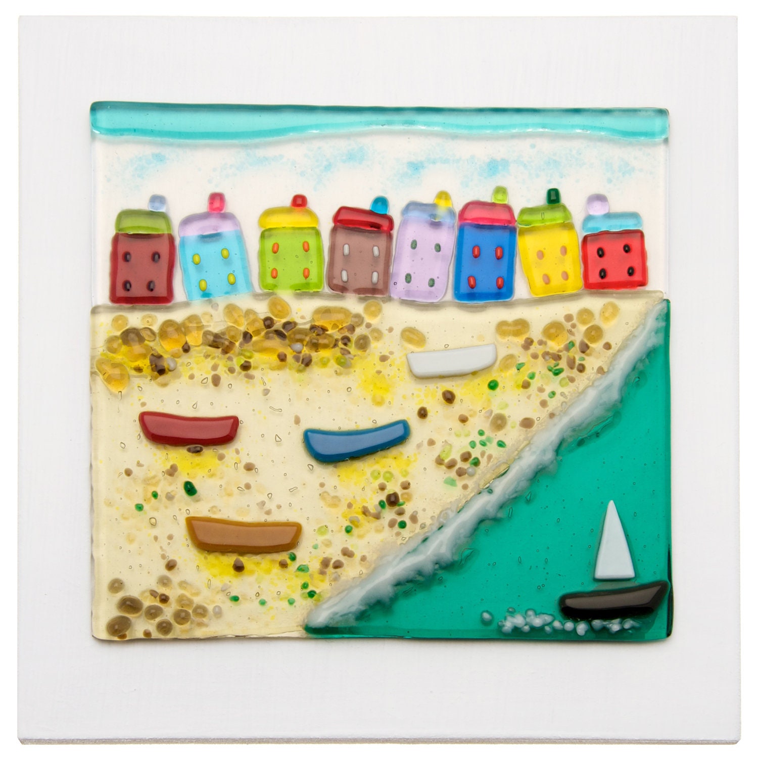 Colourful Fused glass Beach scene 20cmx20cm